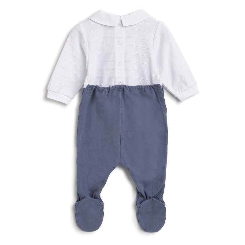 Boys Dark Light Blue Printed Nappy Opening Babysuit image number 1